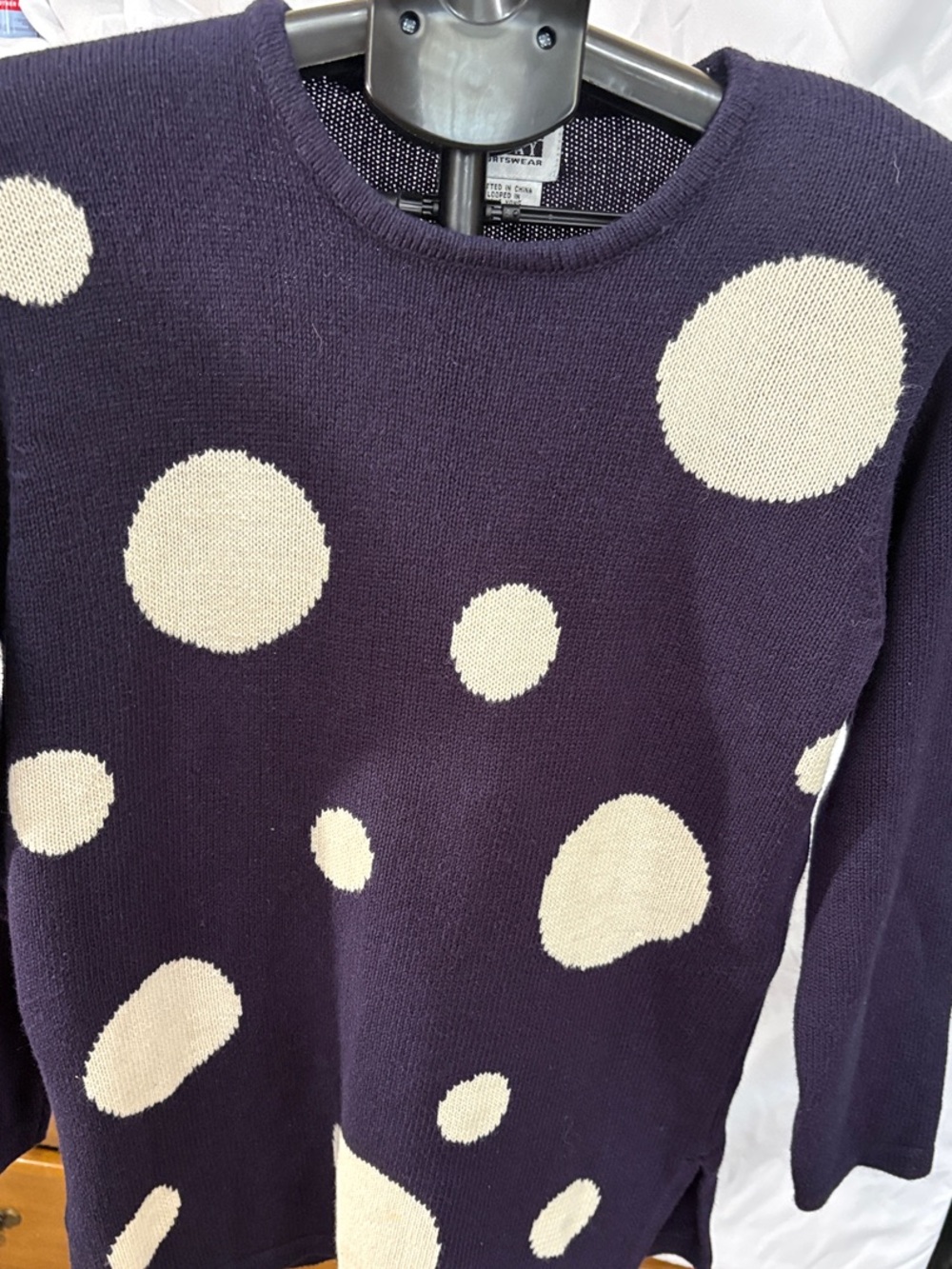 Leslie Fay Navy Sweater with Cream Polka Dots